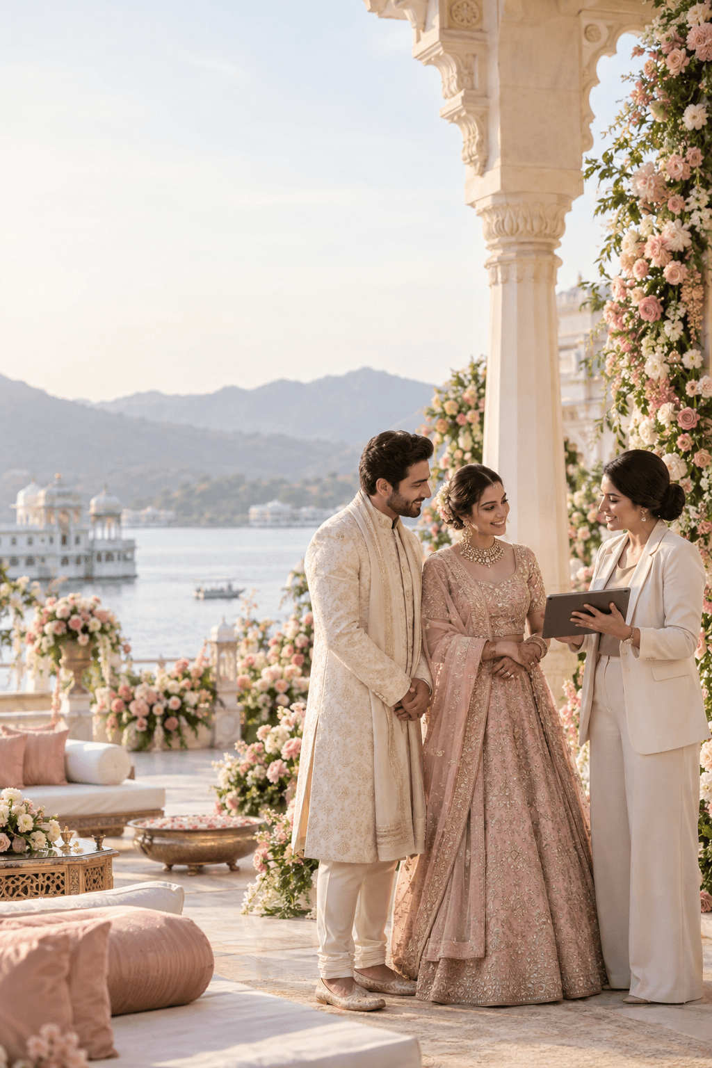 A couple meeting their wedding planner