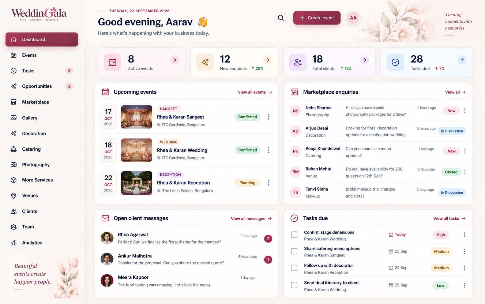 WeddingGala vendor dashboard showing events, enquiries, messages and tasks