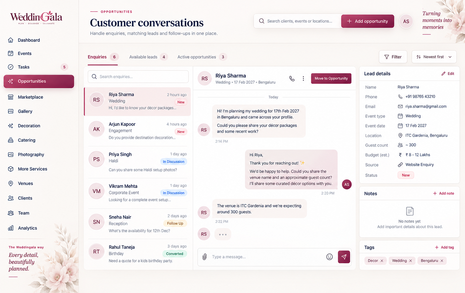 WeddingGala opportunities workspace with customer conversations and lead details